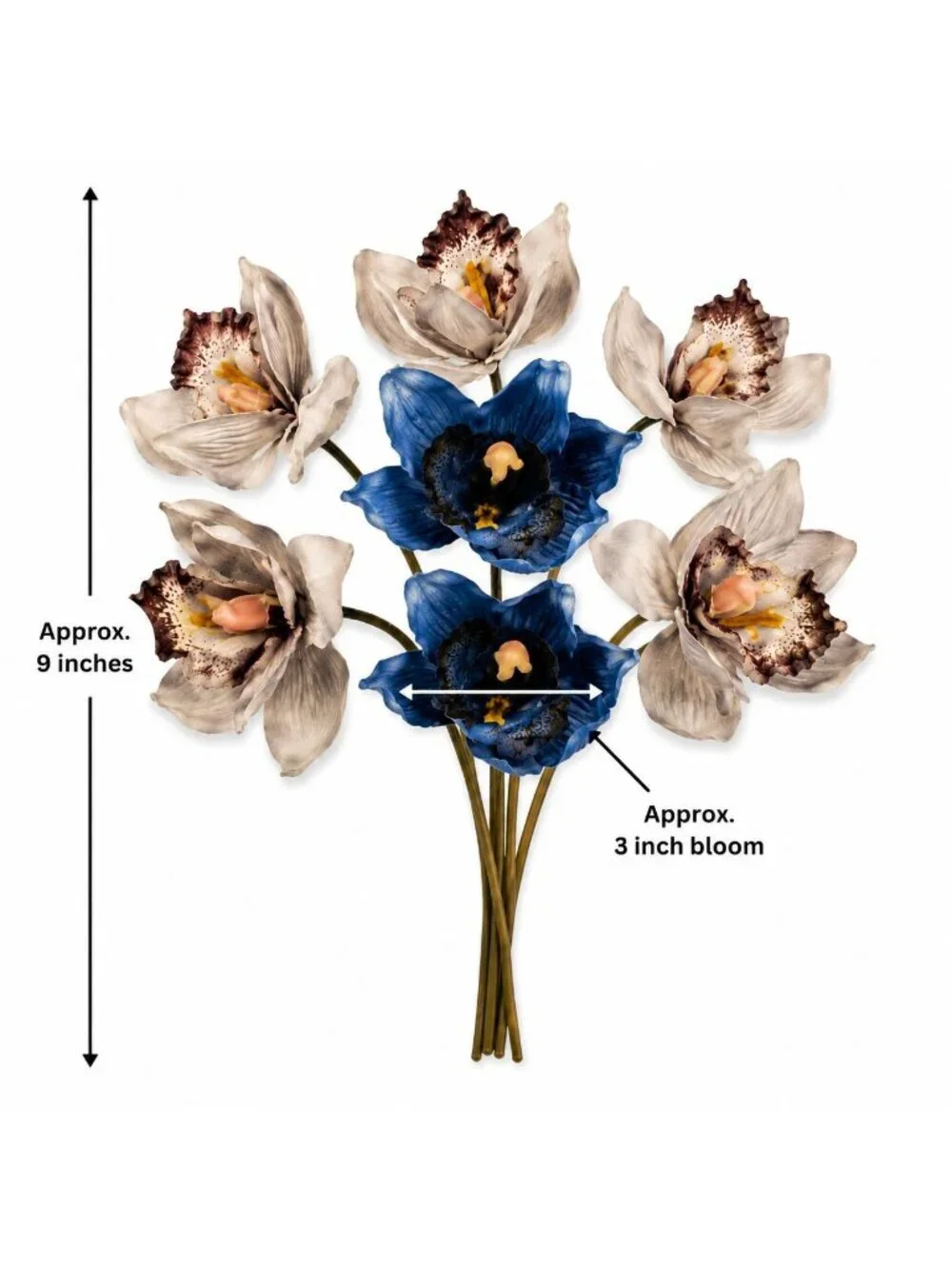 Blue Gray Cymbidium Orchid Flowers 7 Stem Faux Floral Bundle 9 Inch